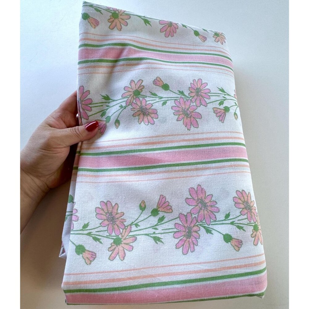 Vintage 1970s fitted sheet, pink green floral and stripes, twin size bed